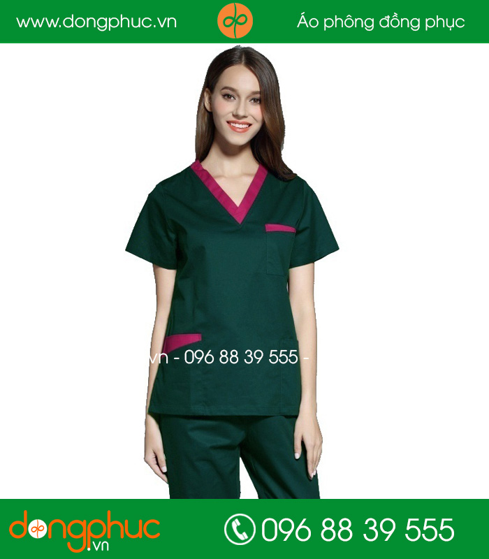 đồng phục phòng mổ màu xanh rêu viền hồng